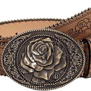 Women's Floral Embroidery Leather Belt Square Buckle Casual Dress Accessory